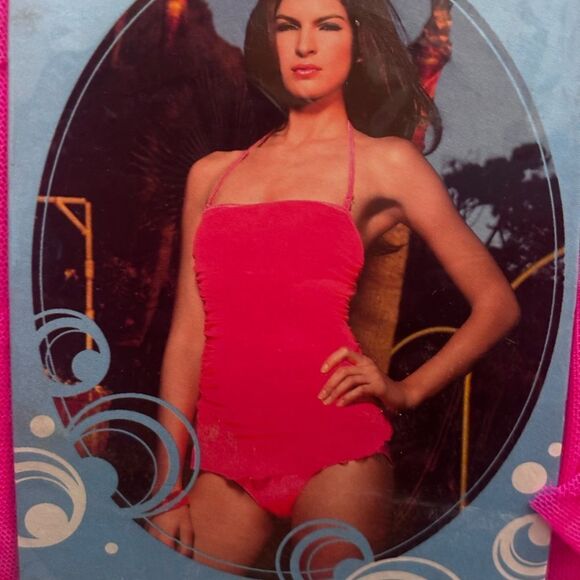 Skinny Dip Swimwear Ruched Mesh Halter Maillot Swimsuit by Leg Avenue - Hot Pink - Picture 1 of 6
